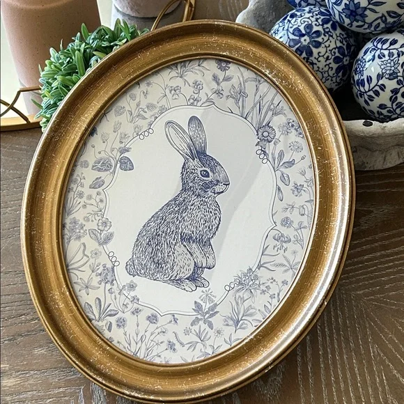 NEW! Vintage Inspired Blue & White French Toile Floral Bunny Rabbit Wall Art - Picture 1 of 6